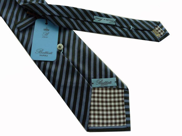 Battisti Tie: Pale blue with hunter green stripes, 1-button & pocket, pure silk