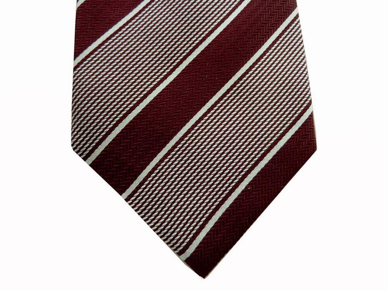 Battisti Tie: Crimson with white stripes, 1-button & pocket, pure silk