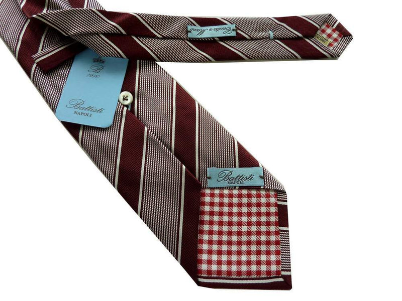 Battisti Tie: Crimson with white stripes, 1-button & pocket, pure silk