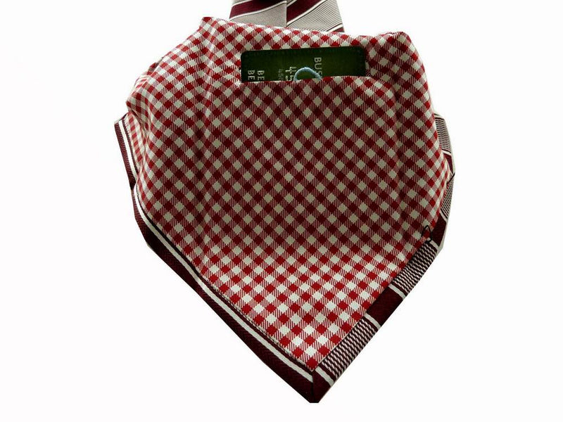Battisti Tie: Crimson with white stripes, 1-button & pocket, pure silk