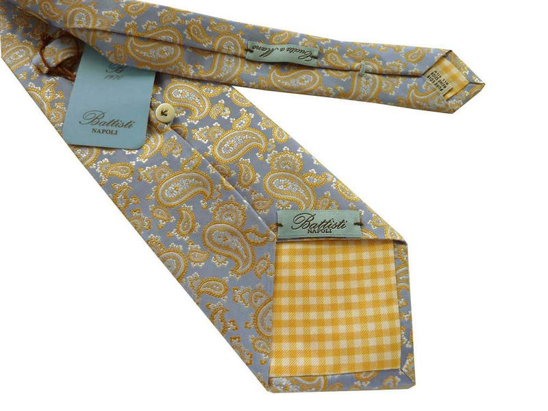 Battisti Tie: Light blue with yellow paisley pattern, 1-button & pocket, pure silk