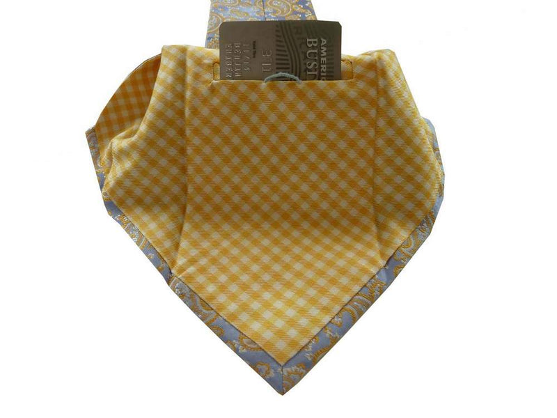 Battisti Tie: Light blue with yellow paisley pattern, 1-button & pocket, pure silk