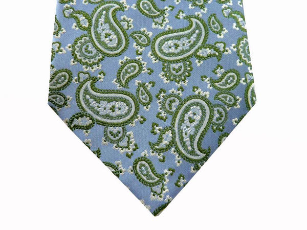 Battisti Tie: Light blue with green paisley pattern, 1-button & pocket, pure silk