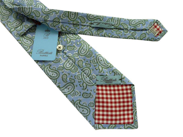 Battisti Tie: Light blue with green paisley pattern, 1-button & pocket, pure silk