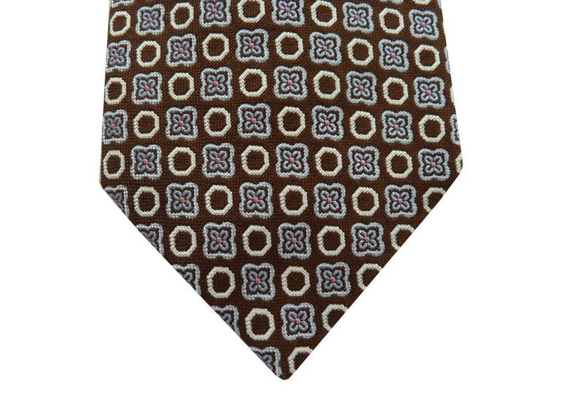 Battisti Tie: Brown with light blue & pink, 2-button & pocket, pure silk