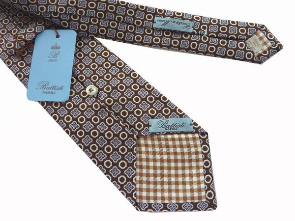 Battisti Tie: Brown with light blue & pink, 2-button & pocket, pure silk