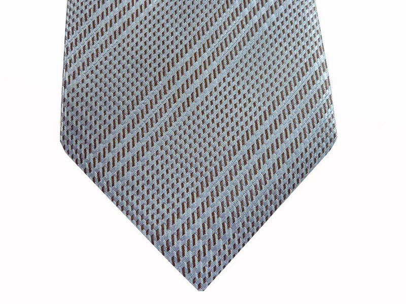 Battisti Tie: Pale light blue and taupe plaid, 2-button & pocket, pure silk