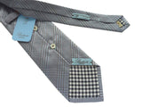 Battisti Tie: Pale light blue and taupe plaid, 2-button & pocket, pure silk