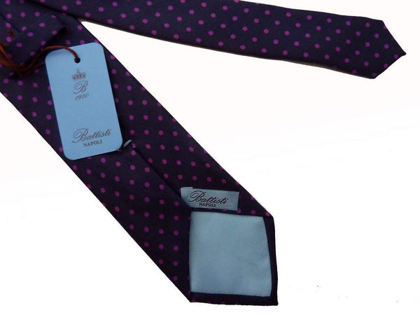 Battisti Tie: Navy with purple polkadots, pure silk