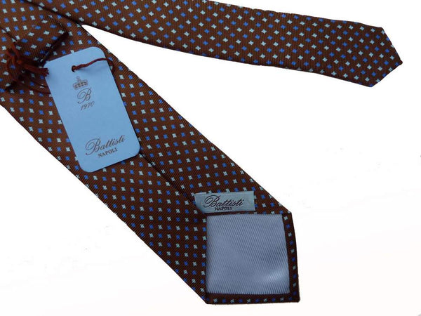 Battisti Tie: Brown with light blue/blue diamond pattern, pure silk