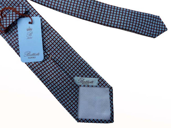 Battisti Tie: Rich brown and sky pattern, pure silk