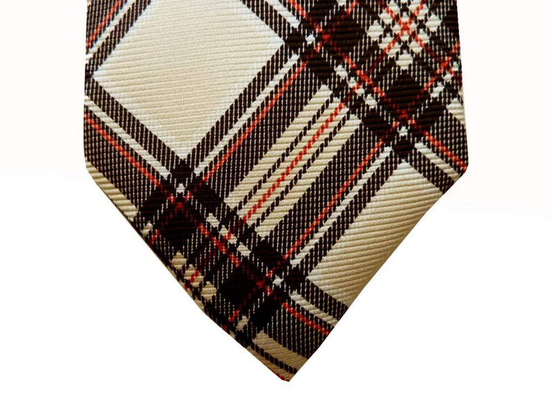 Battisti Tie: Light beige with black/red plaid, pure silk