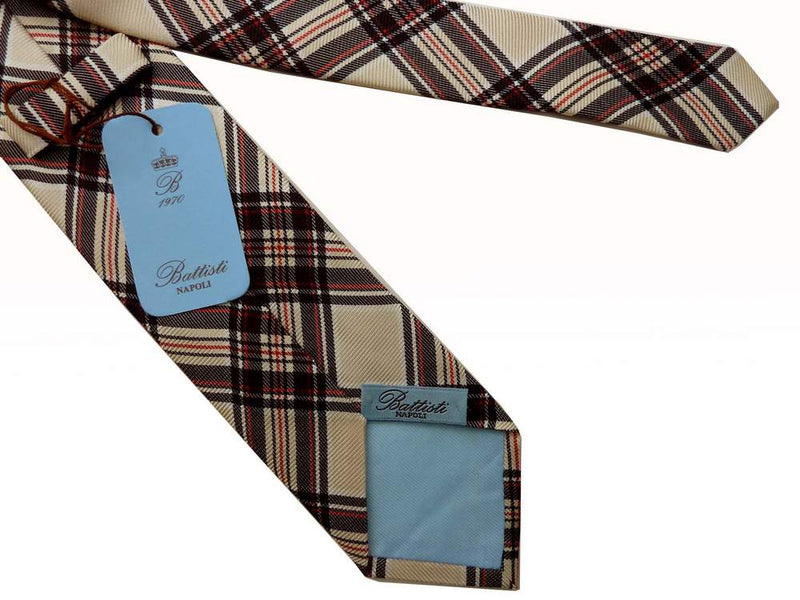 Battisti Tie: Light beige with black/red plaid, pure silk