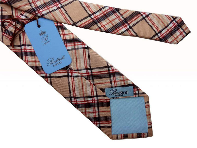 Battisti Tie: Tan with black/red plaid, pure silk