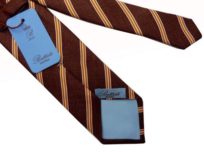 Battisti Tie Brown melange with gold/white stripes, pure silk