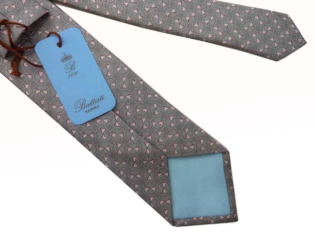 Battisti Tie: Light gray with pink circular pattern, pure silk
