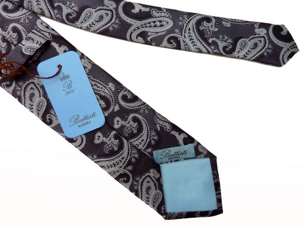 Battisti Tie: Dark gray & silver paisleys, pure silk