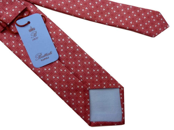 Battisti Tie: Soft red with light gray circular pattern, pure silk