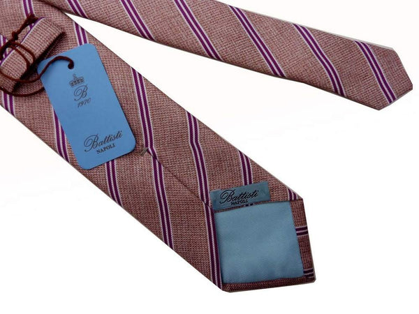 Battisti Tie: Earthy mauve melange with brown/white stripes, pure silk