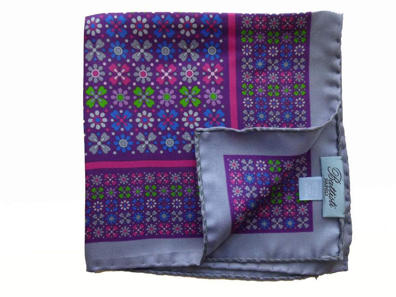 Battisti Pocket Square Slate blue with purple/blue/fuchsia/green, pure silk