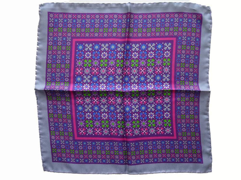 Battisti Pocket Square Slate blue with purple/blue/fuchsia/green, pure silk