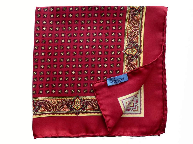 Battisti Pocket Square Red with yellow paisley, pure silk