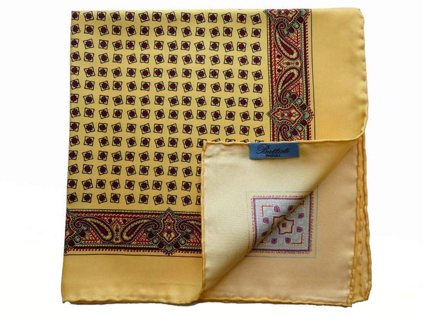 Battisti Pocket Square Yellow with brick paisley pure silk