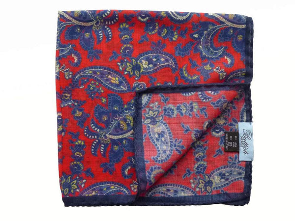 Battisti Pocket Square Red with navy paisley with navy border wool/silk