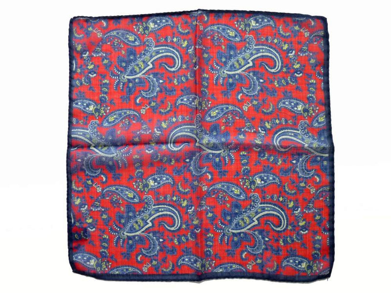 Battisti Pocket Square Red with navy paisley with navy border wool/silk