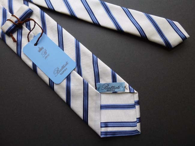 Battisti Tie: Ivory with blue/navy stripes, pure silk