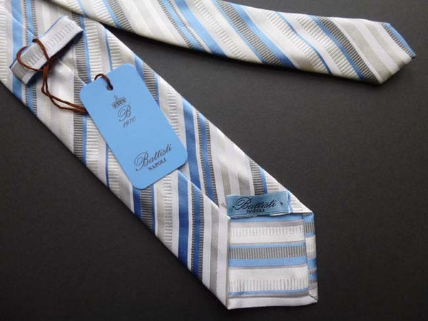 Battisti Tie: Ivory with sky/silver stripes, pure silk