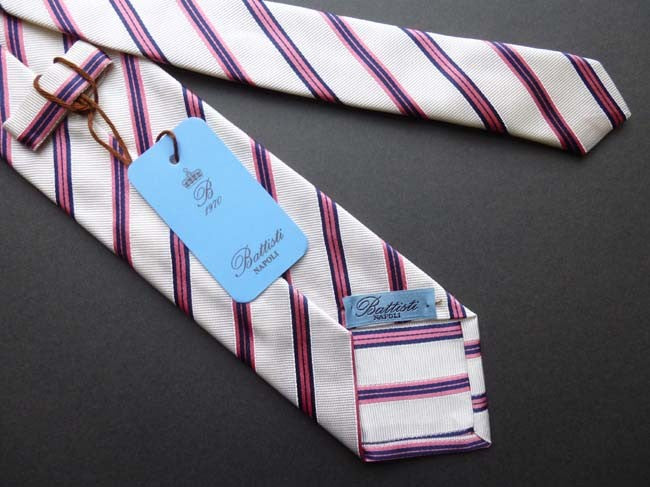 Battisti Tie: Ivory with pink/navy stripes, pure silk