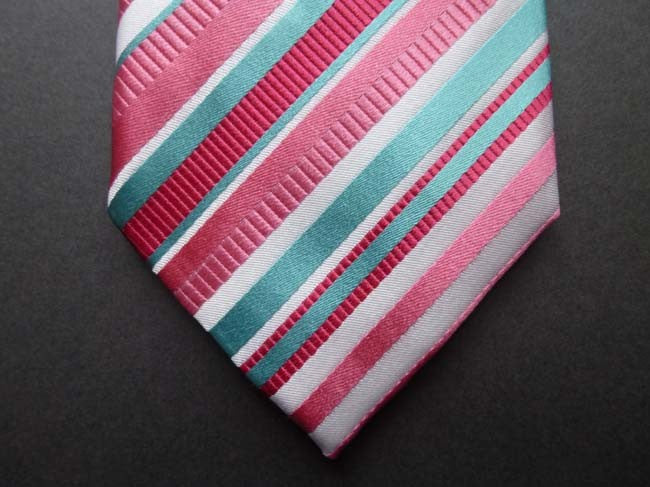 Battisti Tie: Pinks with ivory/teal stripes, pure silk