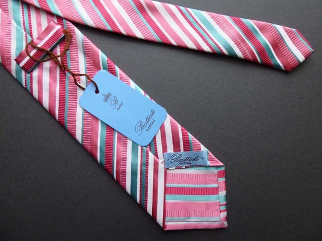 Battisti Tie: Pinks with ivory/teal stripes, pure silk