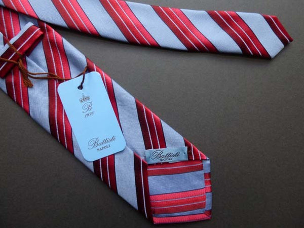 Battisti Tie: Red & pale blue stripes, pure silk