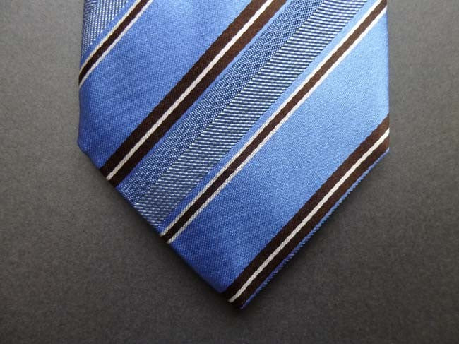 Battisti Tie: Blue with dark brown & white stripes, pure silk