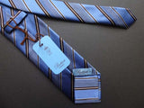 Battisti Tie: Blue with dark brown & white stripes, pure silk