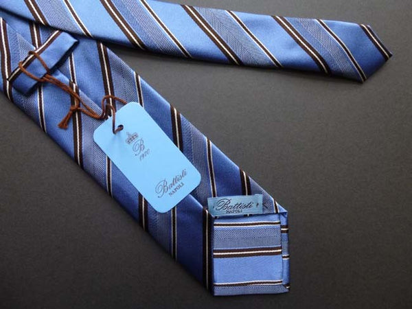 Battisti Tie: Blue with dark brown & white stripes, pure silk