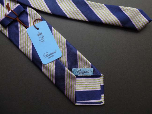 Battisti Tie: Navy with soft pink/chartreuse stripes, pure silk