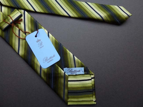 Battisti Tie: Shades of green with black stripes, pure silk