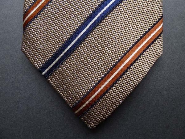 Battisti Tie: Light brown melange with cadet/bronze stripes, pure silk