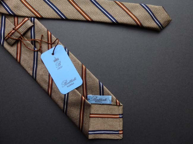 Battisti Tie: Light brown melange with cadet/bronze stripes, pure silk