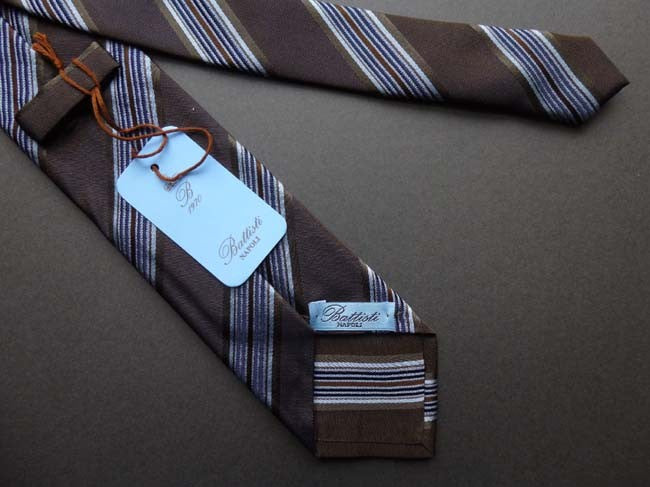 Battisti Tie: Dark brown with grey stripes, pure silk