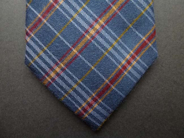 Battisti Tie: Soft slate blue with red/rust plaid, pure silk