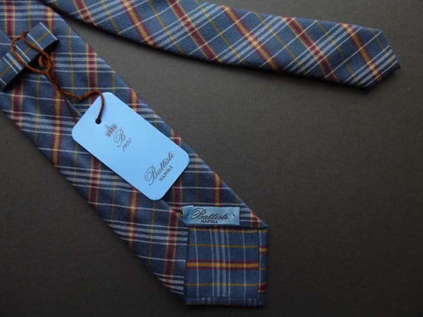 Battisti Tie: Soft slate blue with red/rust plaid, pure silk