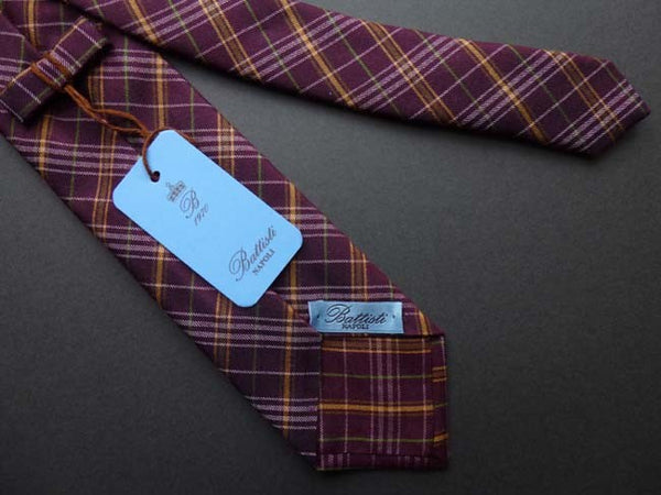 Battisti Tie: Soft burgundy with peach/green plaid, pure silk