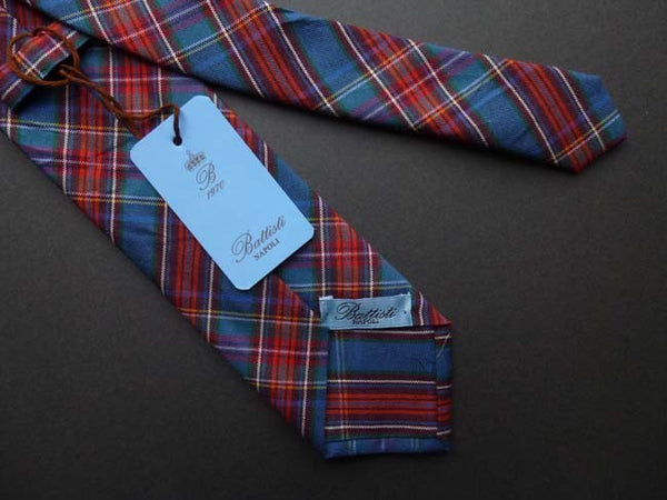 Battisti Tie: Soft blue with red/burgundy plaid, pure silk