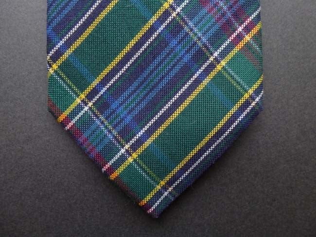 Battisti Tie: Green with blue/yellow/red plaid, pure silk