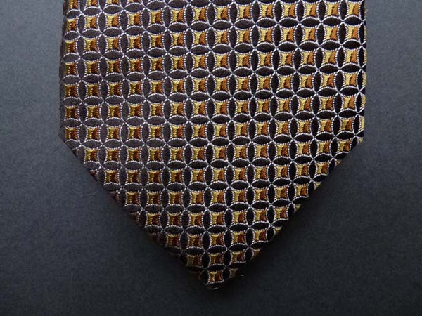 Battisti Tie: Brown & gold woven circular pattern, pure silk