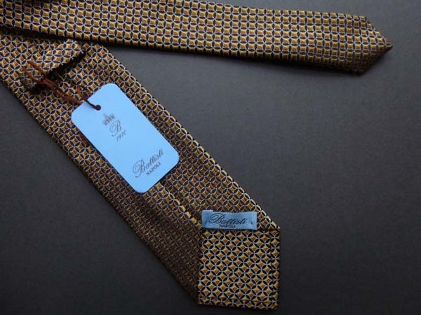 Battisti Tie: Brown & gold woven circular pattern, pure silk